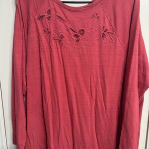 LOFT Coral Long-Sleeve Floral Cutwork Knit Top